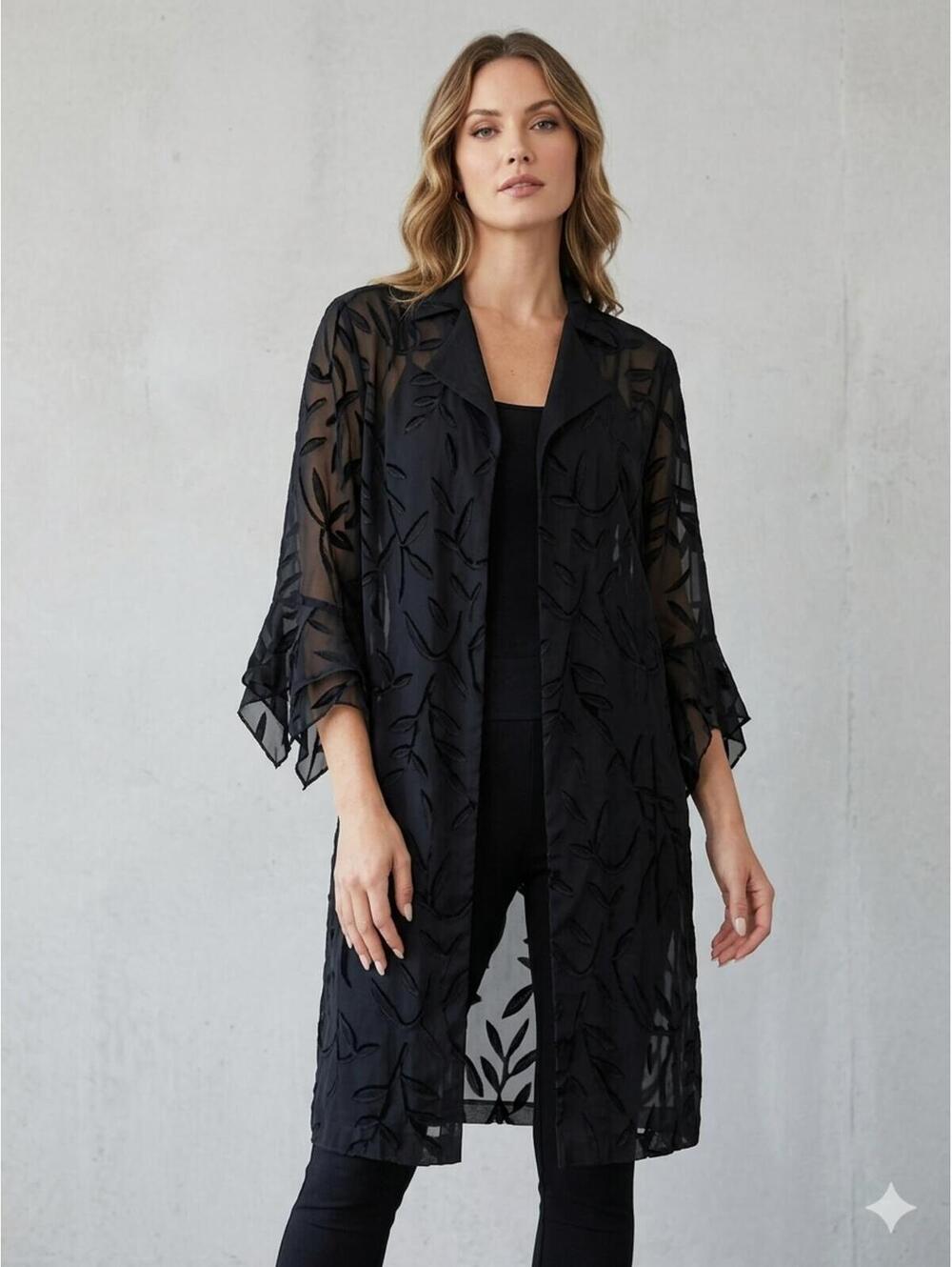 HBS Collection Woman Black Sheer Leaf-Print Open Front Cardy